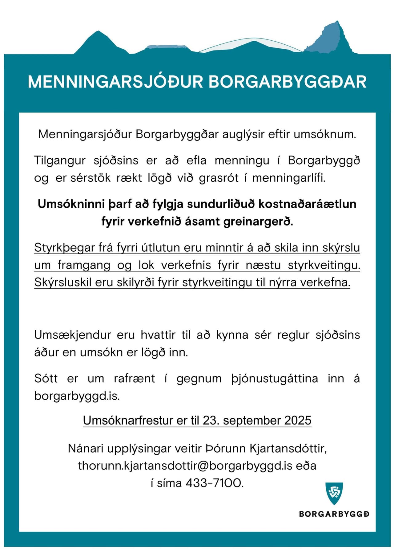 Menningarsjóður Borgarbyggðar auglýsir eftir umsóknum