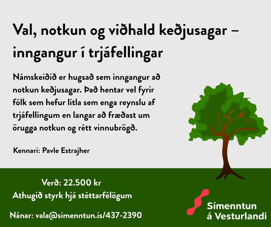 Val, notkun og viðhald keðjusagnar – inngangur í trjáfellingar